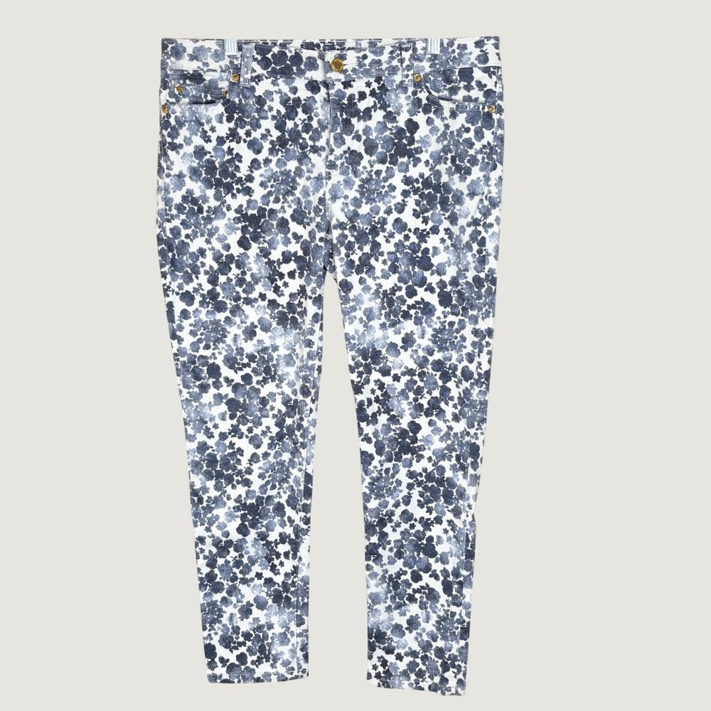 Michael Kors Womens 10 Skinny Jeans Blue White Floral Print Gold Logo Denim